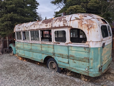The bus from the Into The Wild movie, now parked in a brewery's parking lot