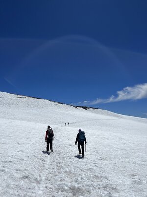 Crossing a flat snowfield near the summit